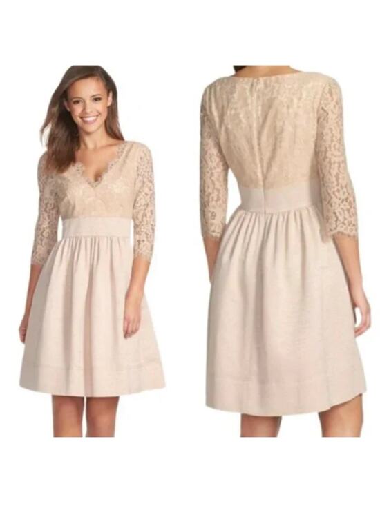 Eliza J Dresses & Skirts - Eliza J Lace Fit & Flare Dress Beige Knee-Length Semi-Formal Dress Womens 12